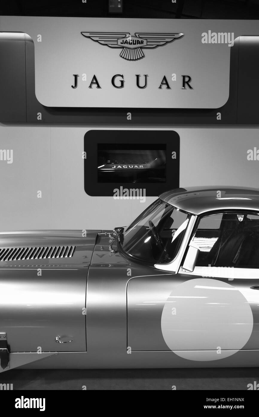 Jaguar E-Type display at the Earls Court recreation, 2014 Goodwood Revival, Sussex, UK. Stock Photo