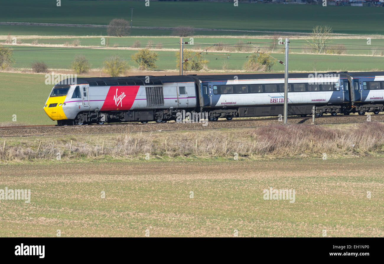 The new Inter City East Coast franchise Virgin and Stagecoach diesel 125 locomotive in the new red and grey livery. Stock Photo