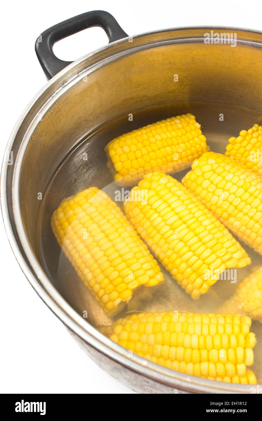 Boiled corn in metal pot on white Stock Photo - Alamy