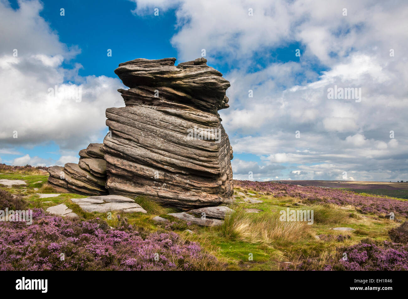 Gritstone rock formation called Mother Cap near Over Owler Tor in the Peak DIstrict, Derbyshire. Stock Photo