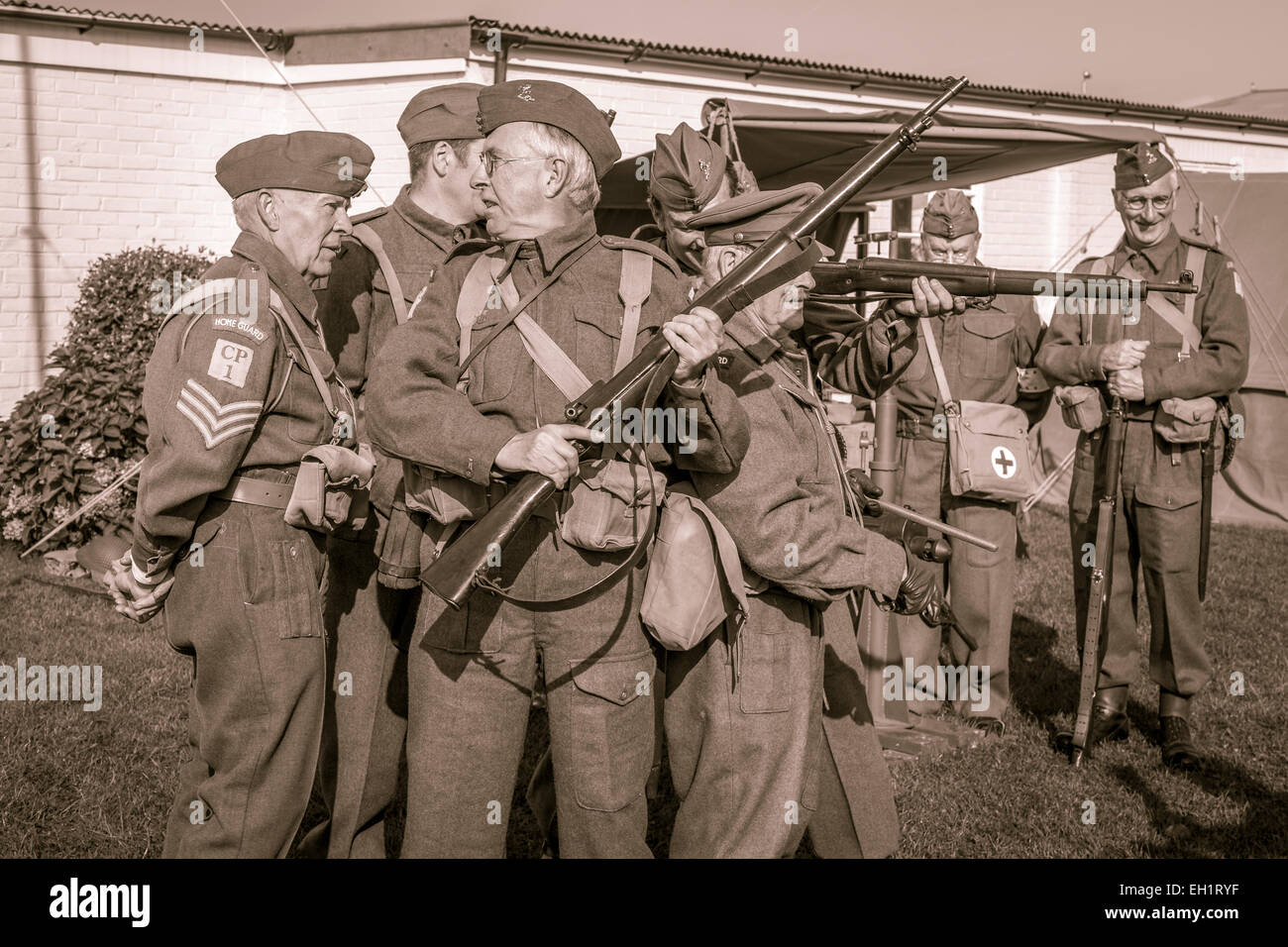 Dad's Army re-enactment group performing at the 2014 Goodwood Revival meeting, Sussex, UK. Stock Photo