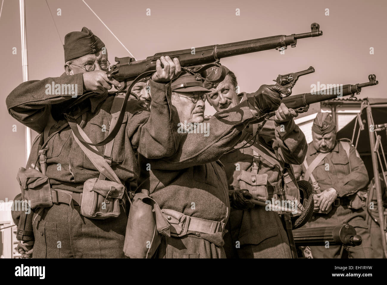 Dad's Army re-enactment group performing at the 2014 Goodwood Revival meeting, Sussex, UK. Stock Photo