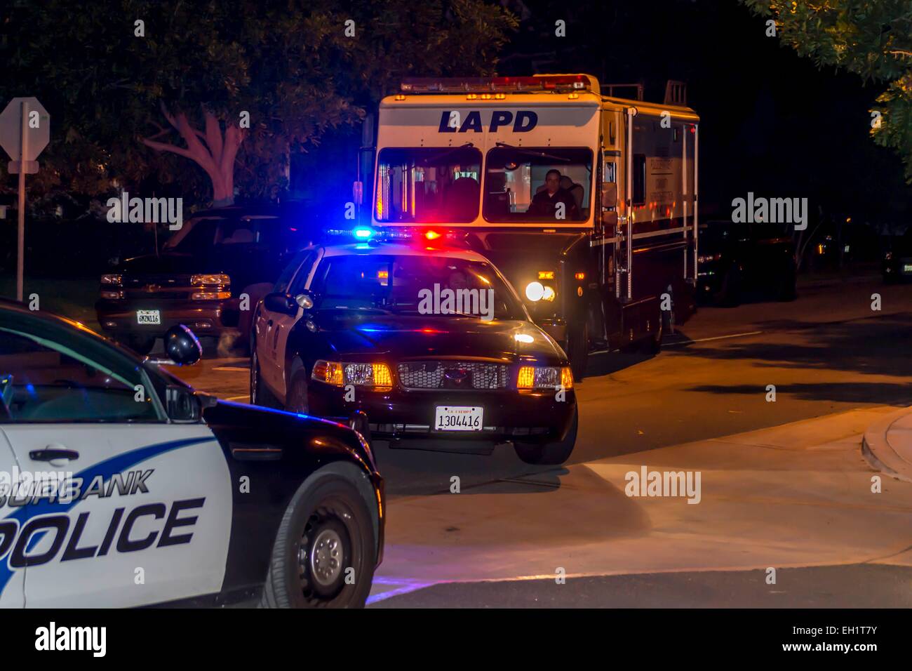 Los Angeles Police Command Post at an Officer Involved Shooting in the City of Burbank California. Stock Photo