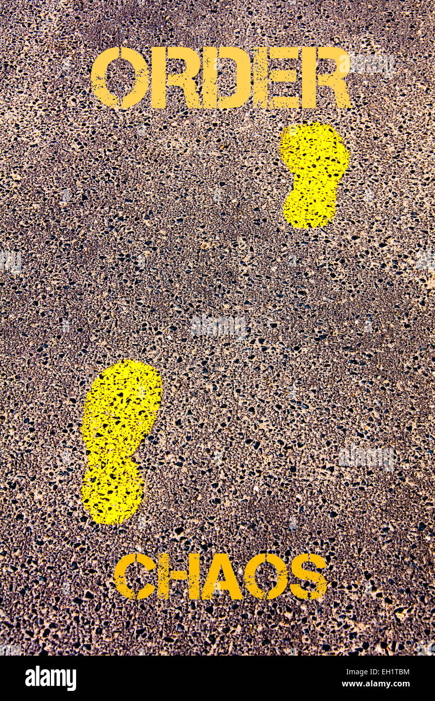 Order Footsteps Yellow footsteps on sidewalk from Chaos to Order message. Conceptual ...