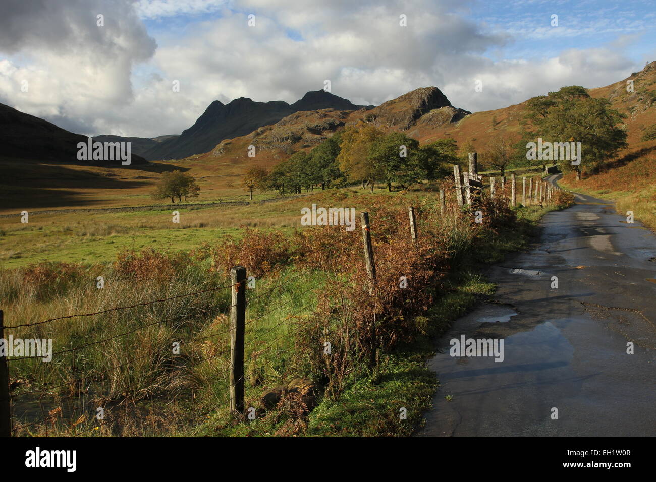 Little langdale side pike and the langdale pikes autumn afternoon. Country lane in the lake district Stock Photo