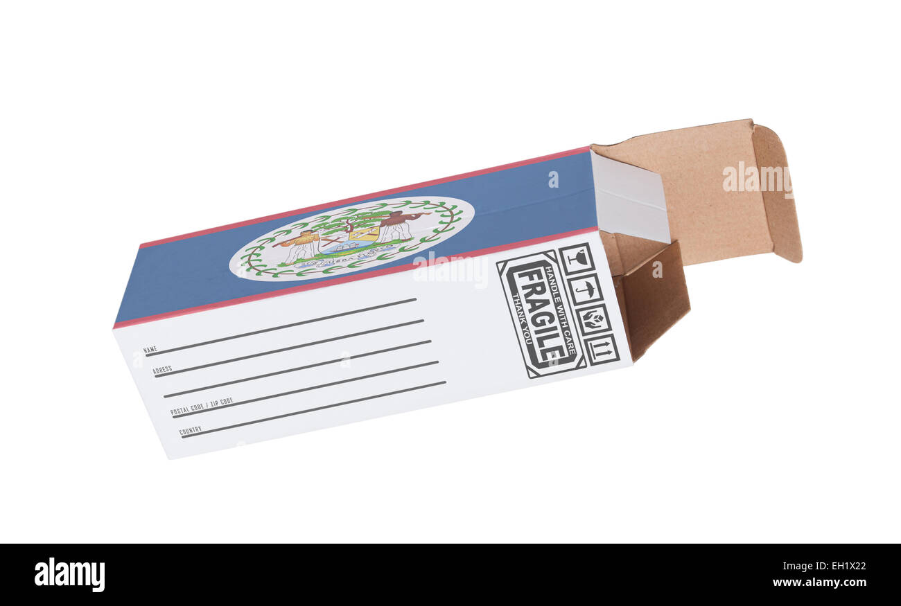 Concept of export, opened paper box - Product of Belize Stock Photo