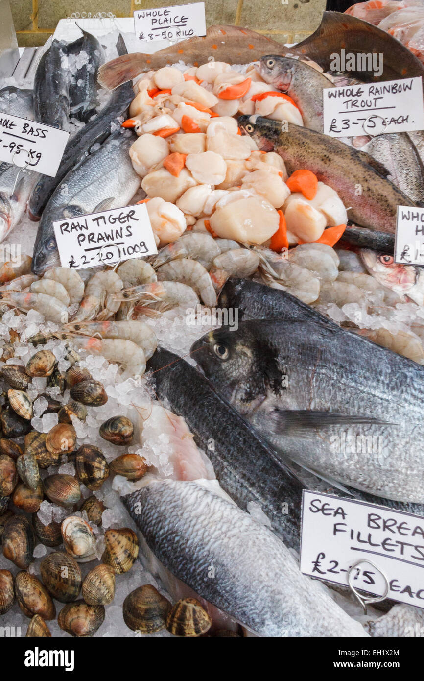 Fresh fish on fishmonger's stall at Priory Farm, Nutfield, Surrey, UK
