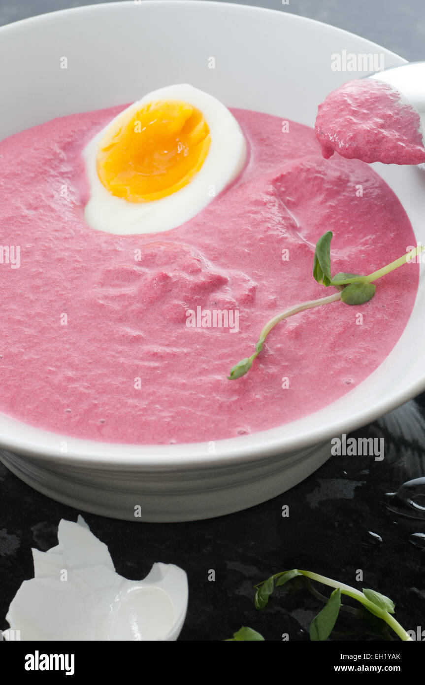 Cold borscht soup with an egg. Stock Photo