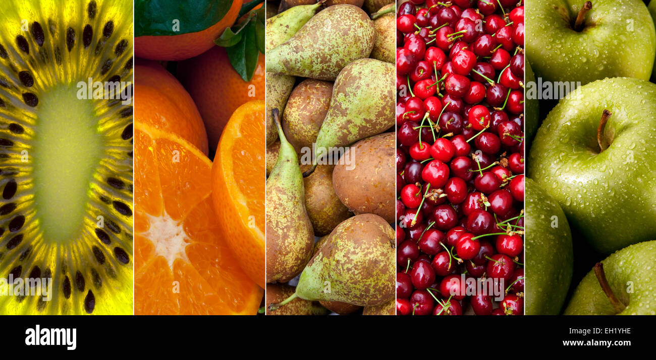 A selection of fresh Fruit - Kiwifruit, Oranges, Pears, Red Cherries and Apples. Stock Photo