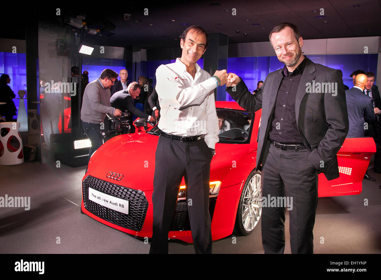 London, UK. 03rd Mar, 2015. New Audi R8 at the preview at Audi City Piccadilly London. Designer Edwin Ollefers and Emanuelle Pirro Le Mans winning racing driver 4/3/15 Credit:  Martyn Goddard/Alamy Live News Stock Photo