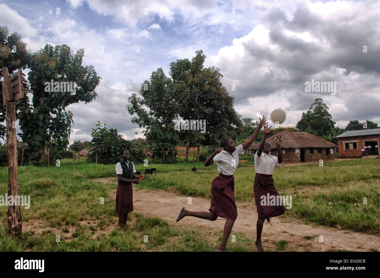 Teenage girls playing basketball at a school funded by the European Union in Yei, South Sudan. Stock Photo