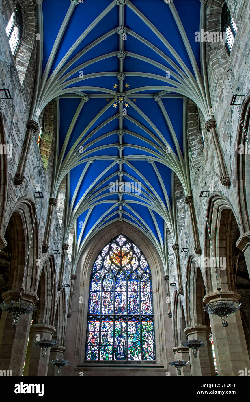 Ceiling, stained glass window and column, St. Giles' Cathedral