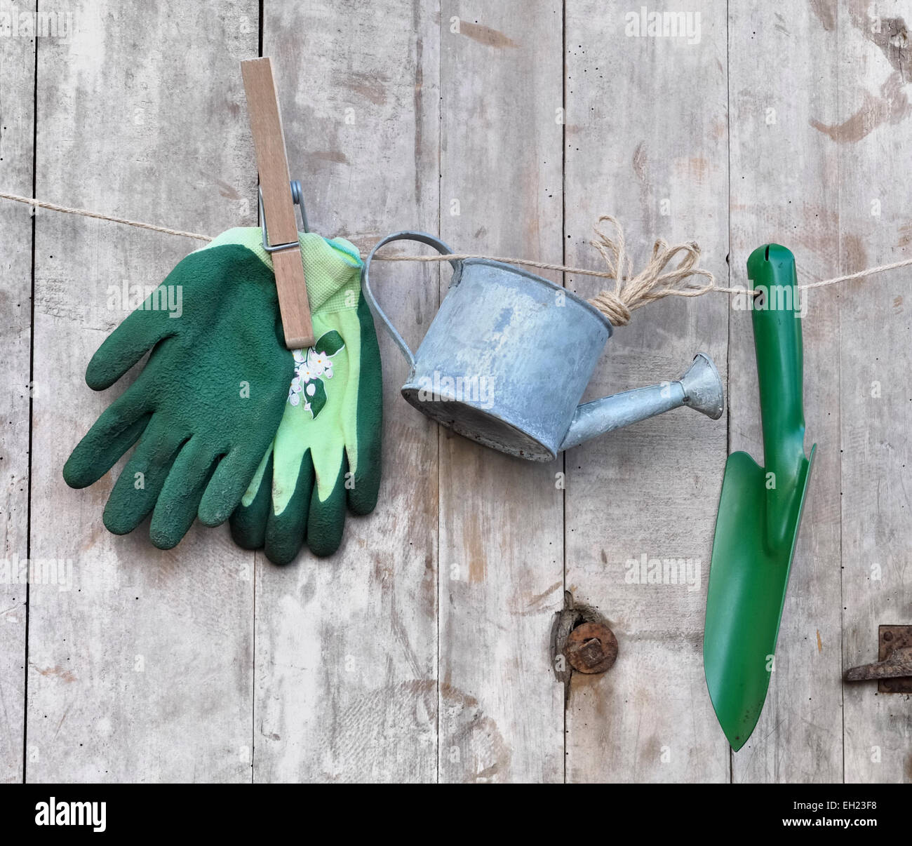 gloves,watering can and tool hanging on a string on wooden background Stock Photo