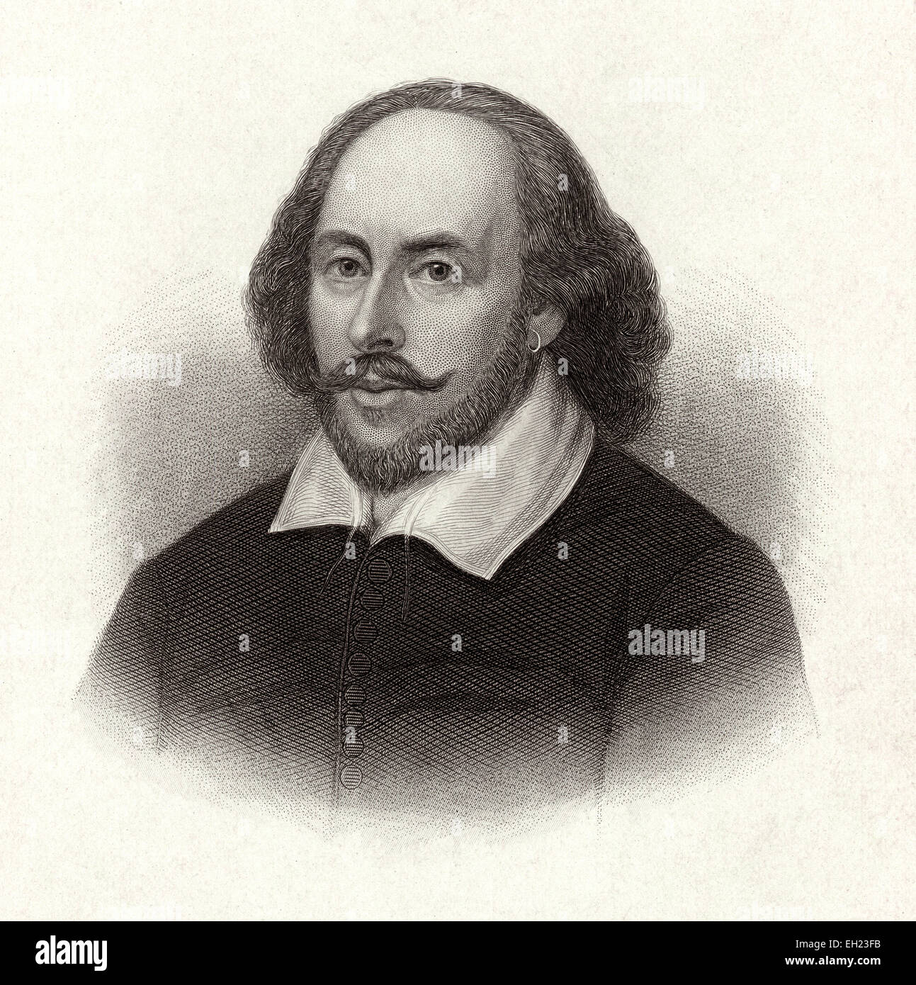Antique c1885 steel engraving, William Shakespeare. William Shakespeare (26 April 1564 (baptised) - 23 April 1616) was an English poet, playwright, and actor, widely regarded as the greatest writer in the English language and the world's pre-eminent dramatist. Stock Photo