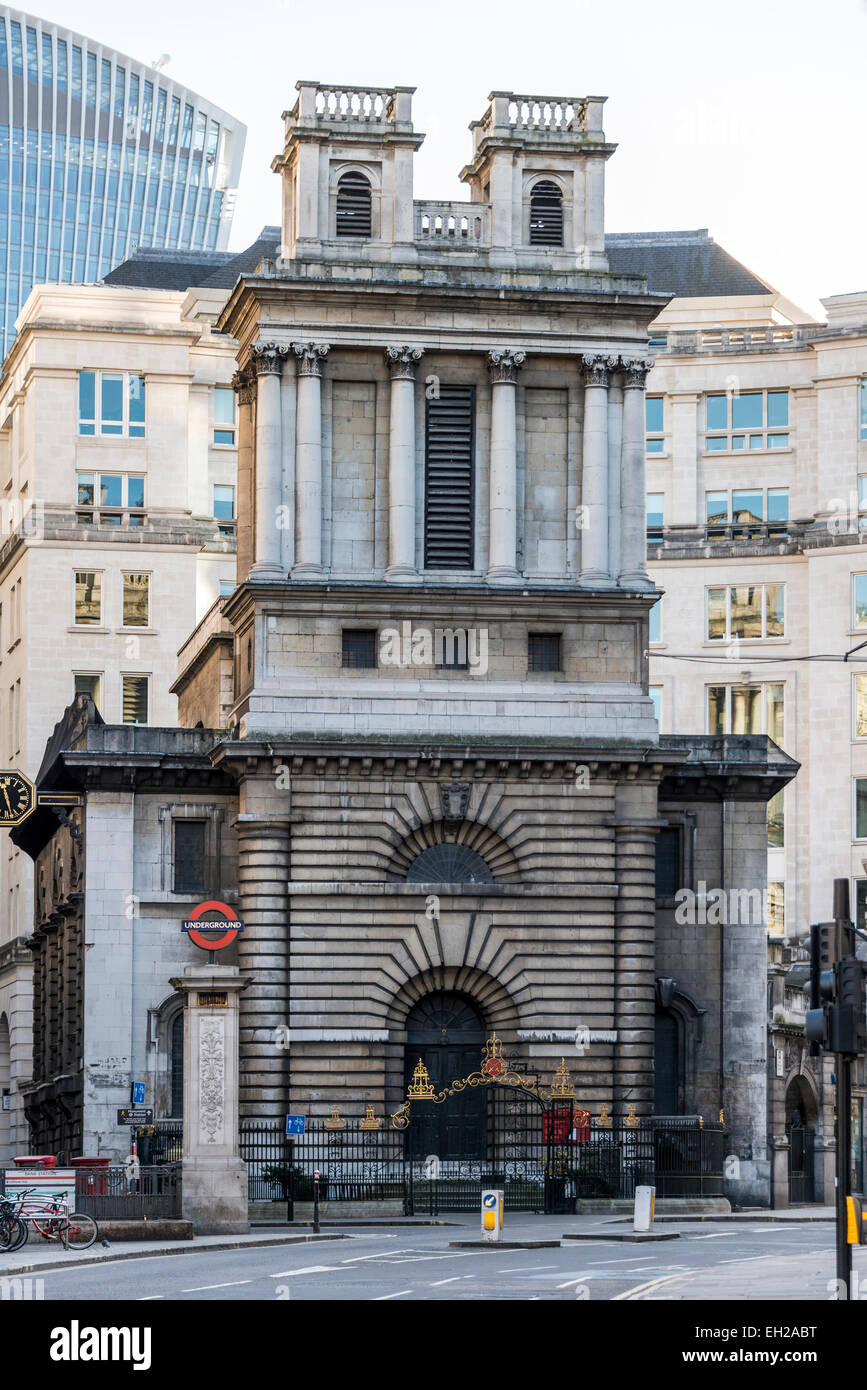 St Mary Woolnoth is a church in the City of London on the corner of Lombard Street and King William Street by Nicholas Hawksmoor Stock Photo
