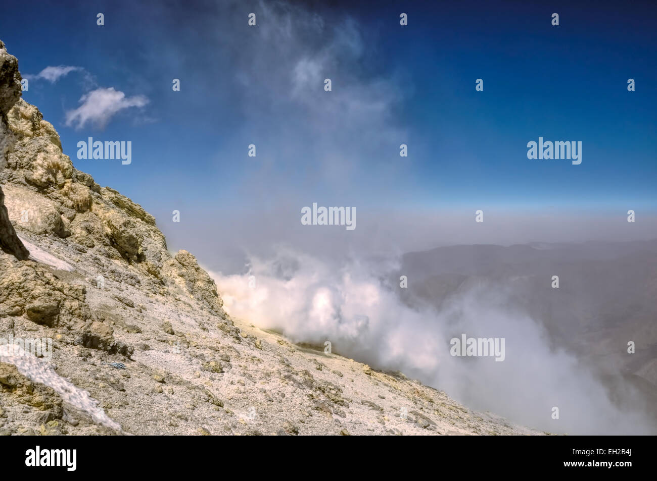 Sulfide fumes coming out of slopes of Damavand, highest volcano in Iran Stock Photo