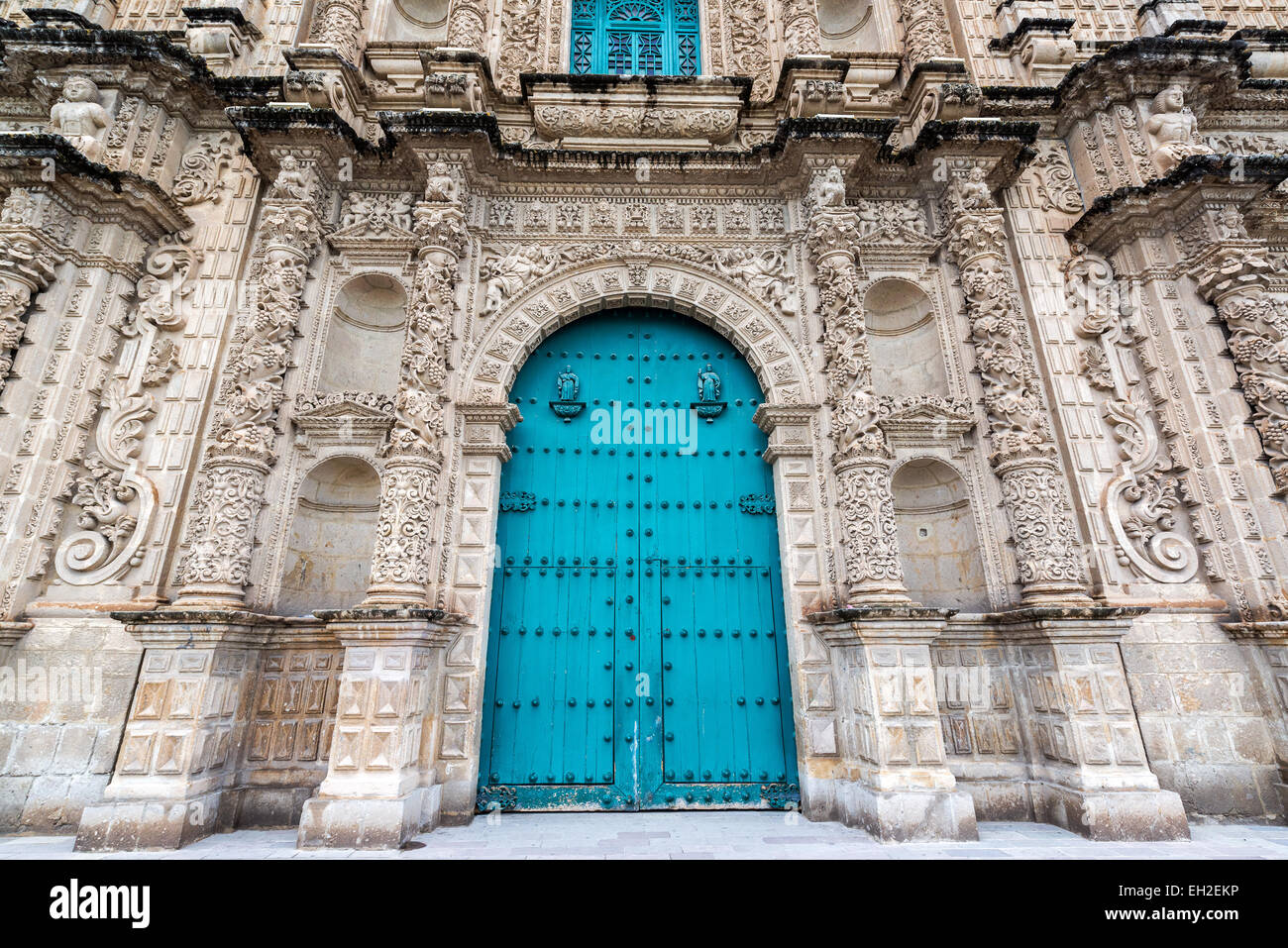 Entrance to the ornate cathedral in Cajamarca, Peru Stock Photo