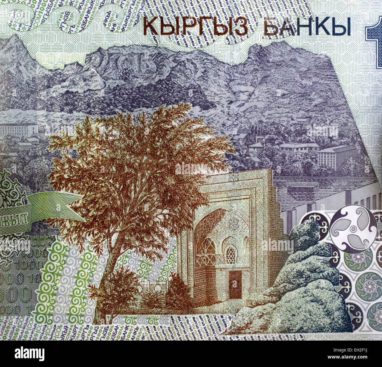 Takhti Sulaiman, Mount Sulaiman from 1000 som banknote, Kyrgyzstan, 2000 Stock Photo