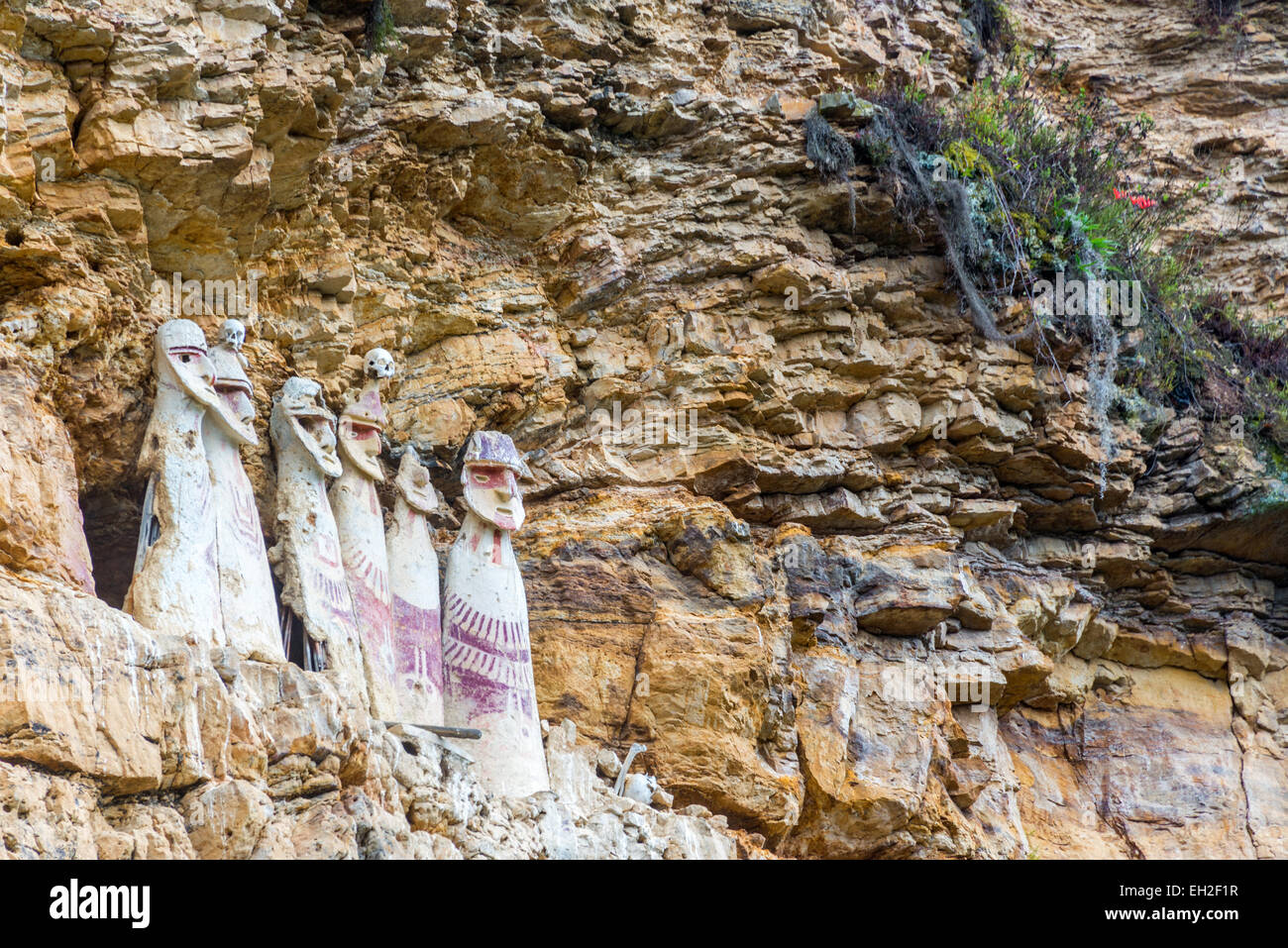 Sarcophagi of the Chachapoyas culture at Karajia near Chachapoyas, Peru Stock Photo