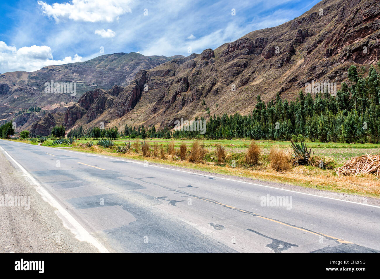 View of a road and the Sacred Valley near Pisac, Peru Stock Photo
