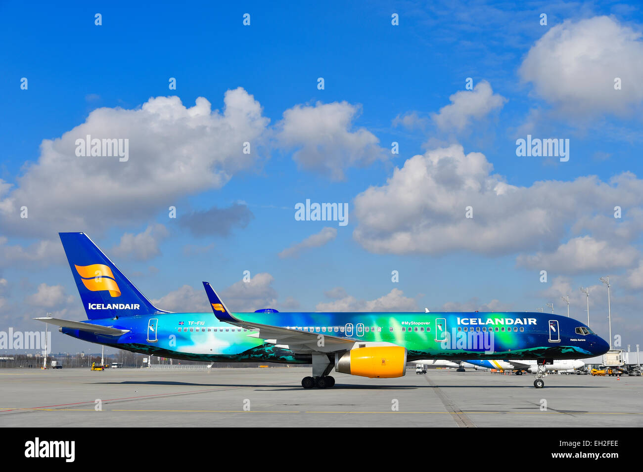 iceland air, icelandair, boeing, b 757, special Northern Lights color scheme, aircraft, airplane, plane, Stock Photo
