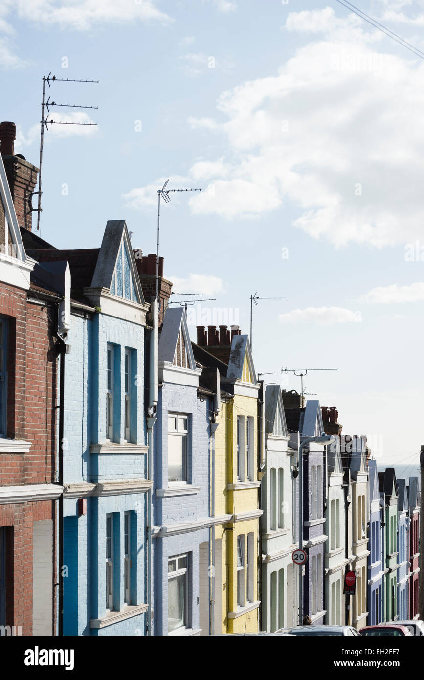 Terraced houses on a hill in Brighton, England, UK Stock Photo