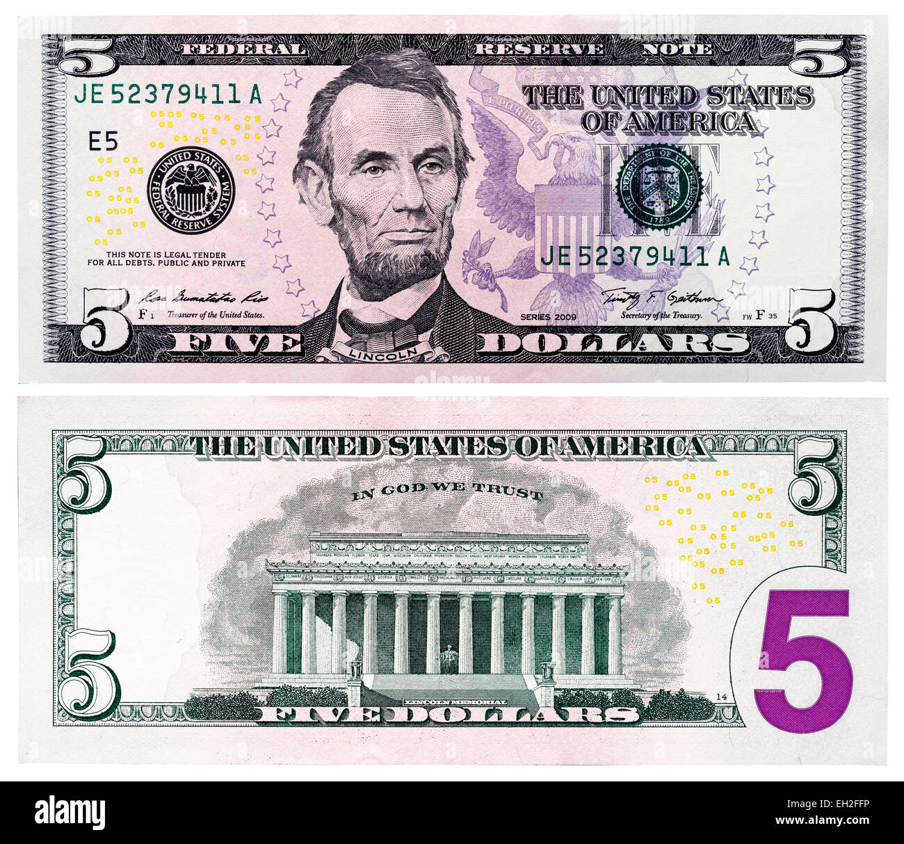 5 dollars banknote, President Abraham Lincoln, USA, 2009 Stock Photo