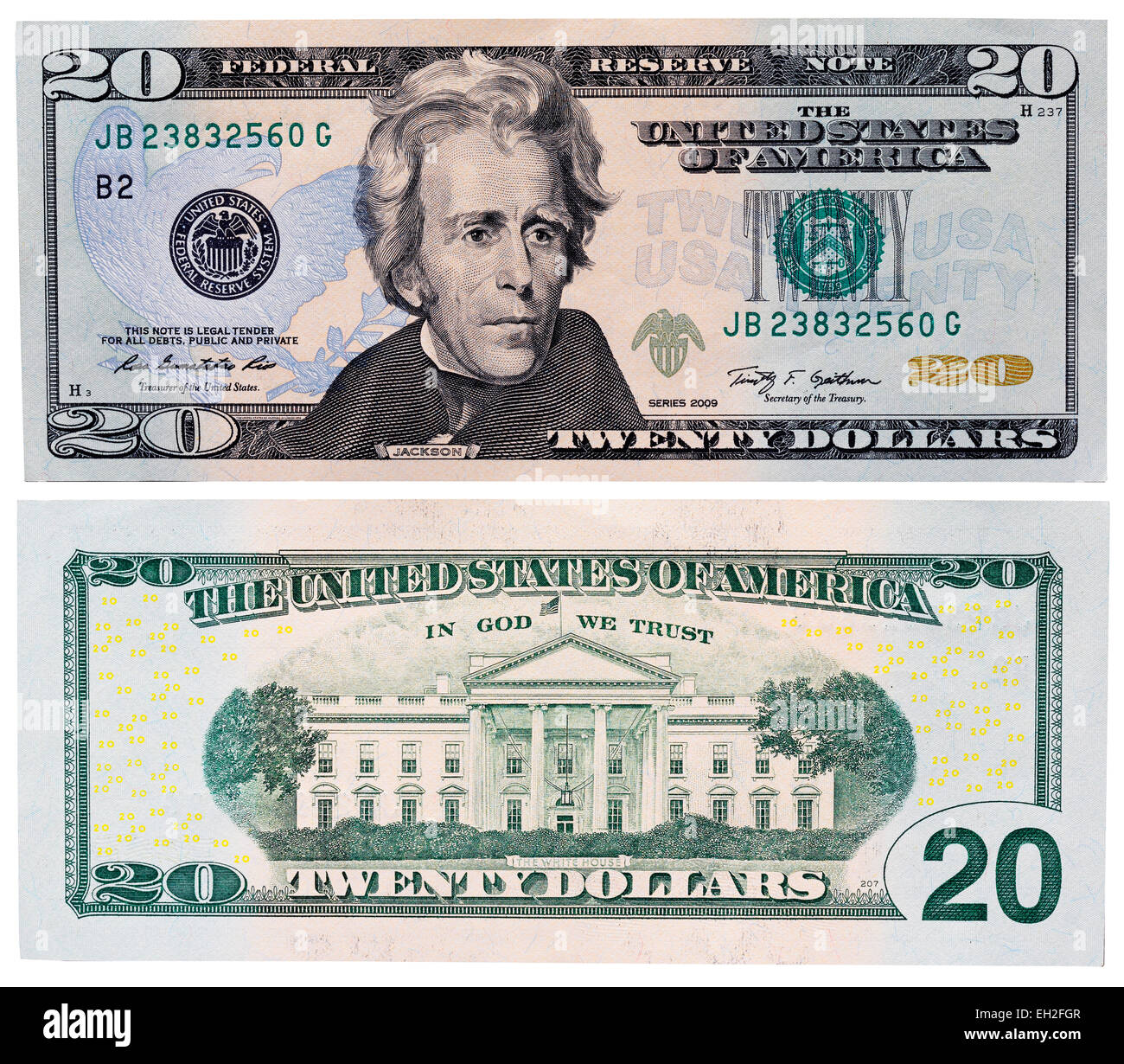 20 dollars banknote, Andrew Jackson, The White House, USA, 2009 Stock Photo