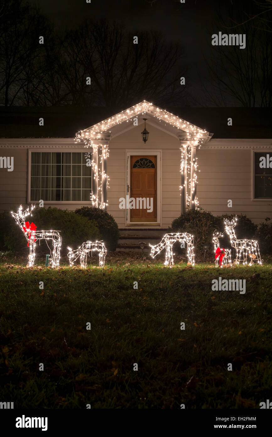 Christmas light decorations at night at a rural home in Kentucky USA