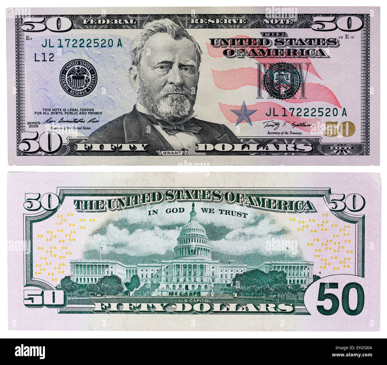 50 dollars banknote, president Ulysses Grant, United States Capitol building, USA, 2009 Stock Photo