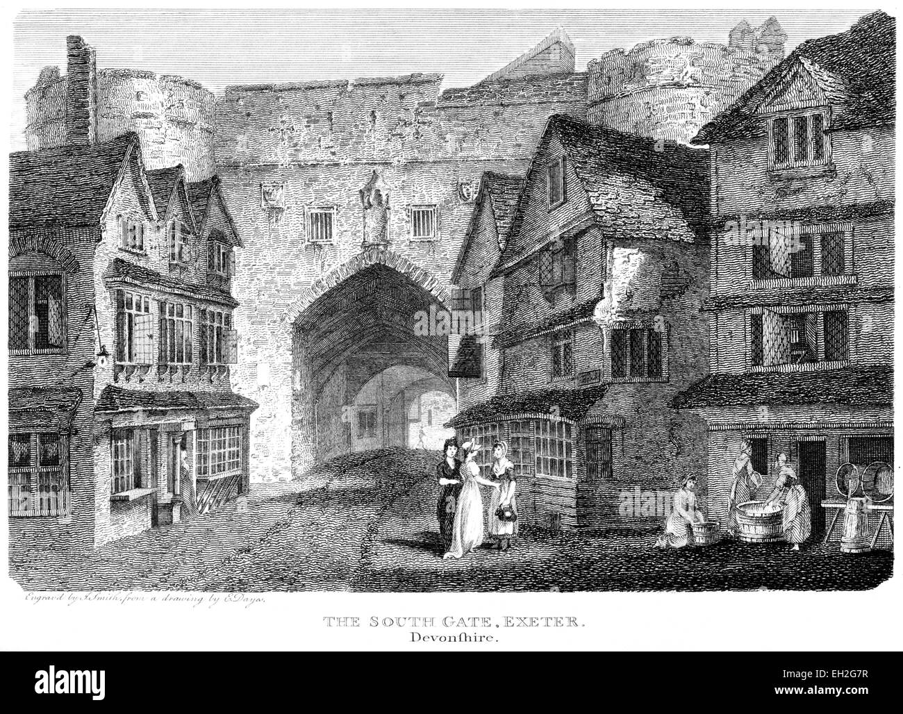 An engraving of The South Gate, Exeter, Devonshire scanned at high resolution from a book printed in 1803. Stock Photo
