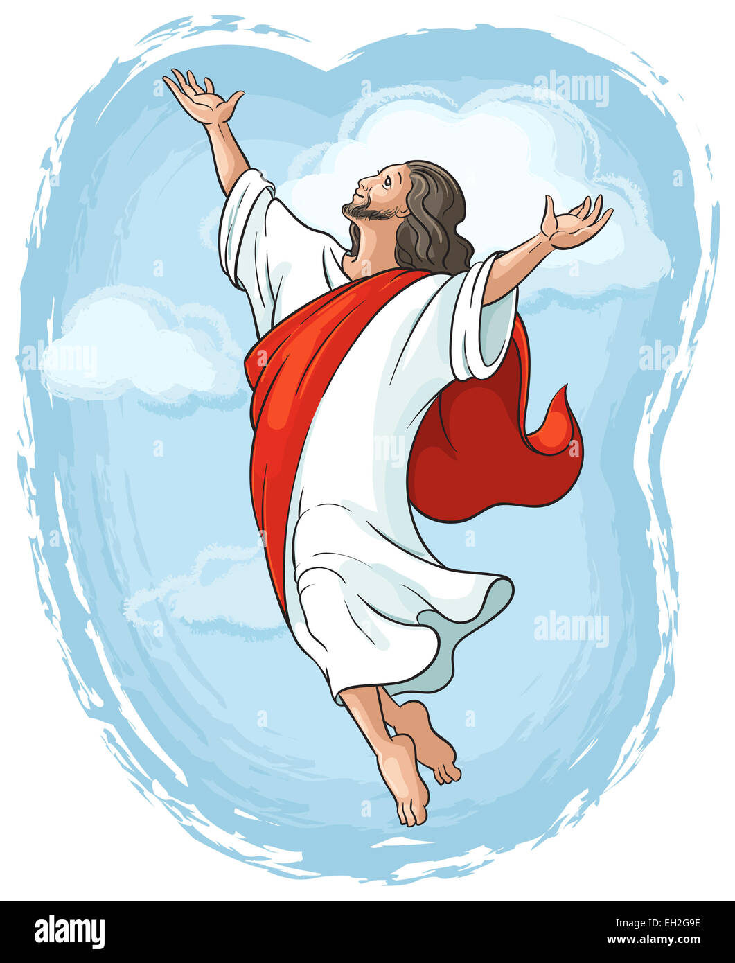 Ascension of Jesus raising hands to God in blue sky between clouds. Cartoon christian colored illustration of Events in Jesus' Life Stock Photo