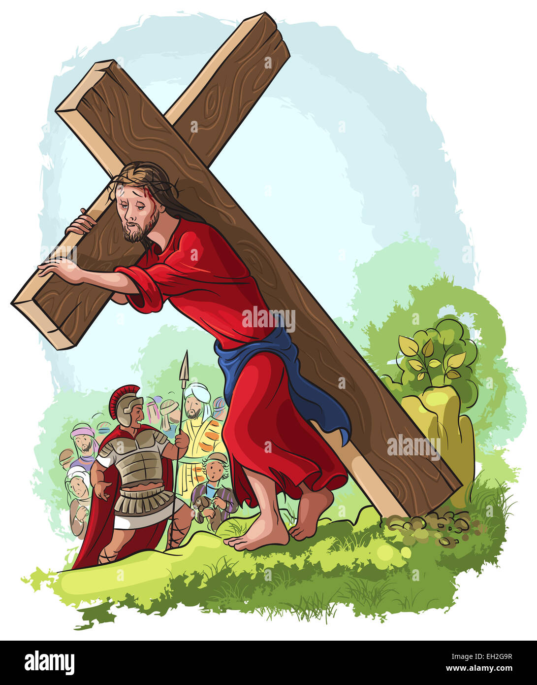 Via Crucis. Jesus Christ carrying cross. Cartoon christian colored illustration of Events in Jesus' Life Stock Photo