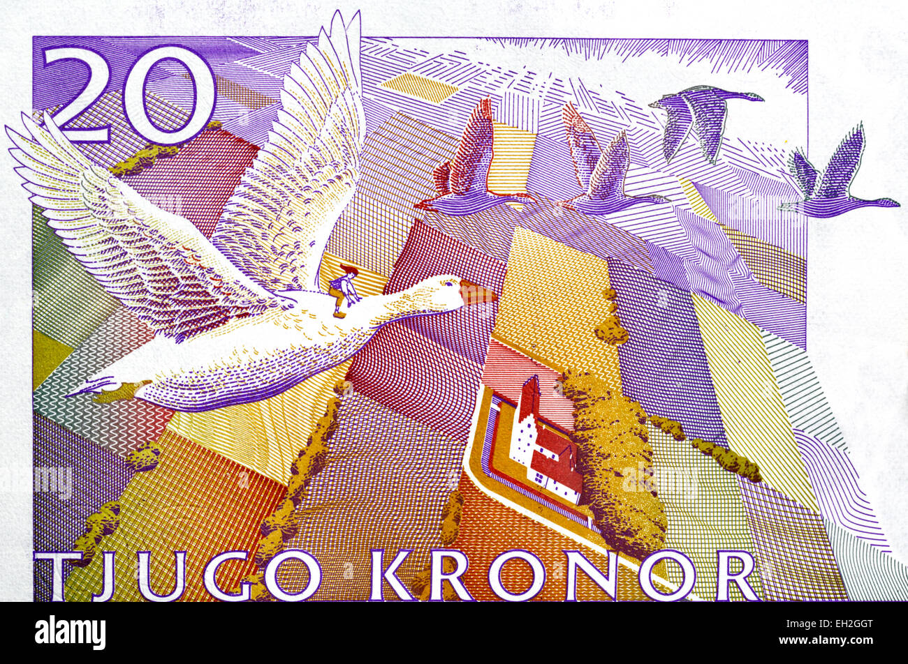 Nils Holgersson flying over Scania from 20 kronor banknote, Sweden, 2006 Stock Photo