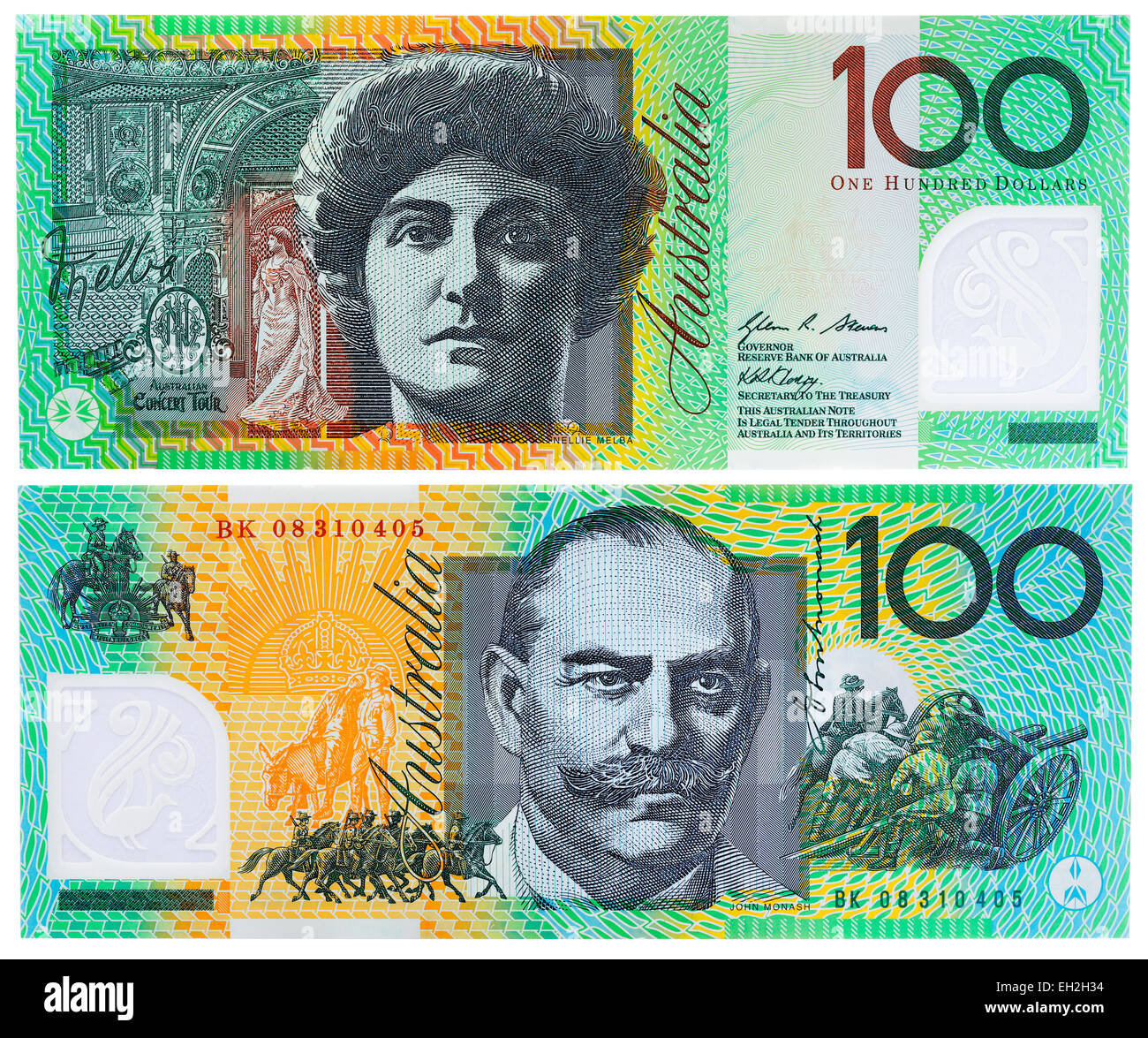 100 dollars banknote, Nellie Melba and John Monash, Australia Stock Photo