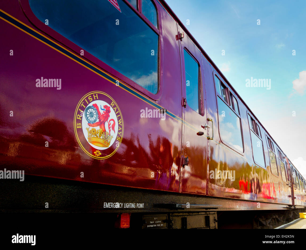 Close up of old red British Rail coaches and logo on the Churnet Valley Railway Line in Staffordshire England UK Stock Photo