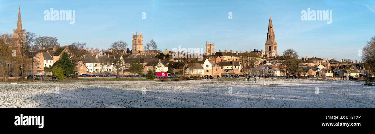 Panoramic image of Stamford Town in snow taken from the meadows, Lincolnshire, England, UK. Stock Photo