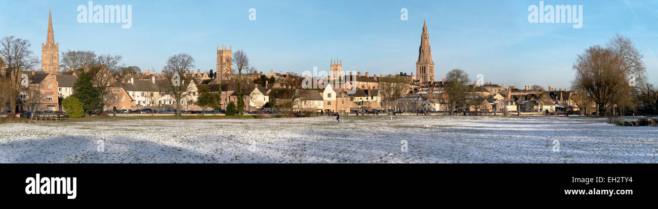 Panoramic image of Stamford Town in snow taken from the meadows, Lincolnshire, England, UK. Stock Photo