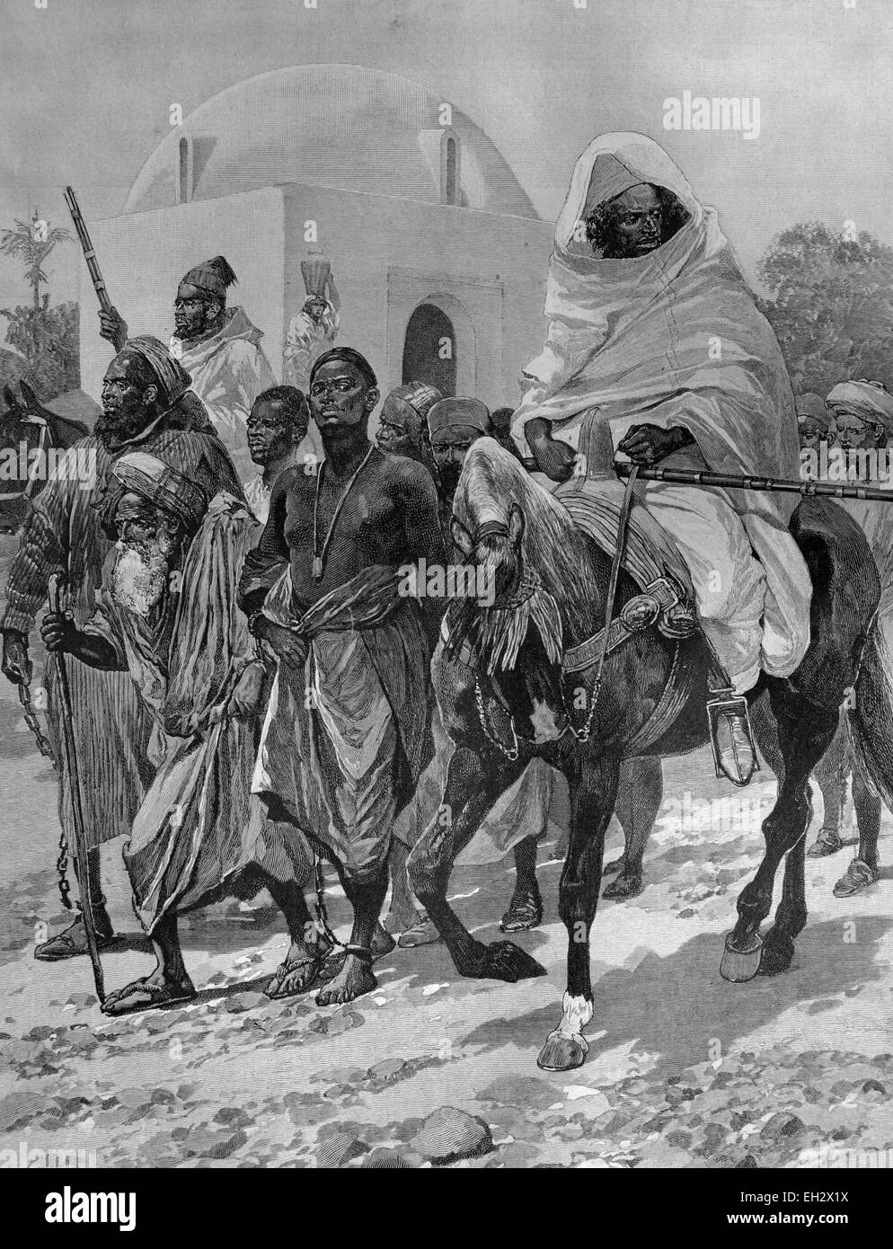 Transport of Moorish prisoners in Morocco, woodcut circa 1871 Stock Photo