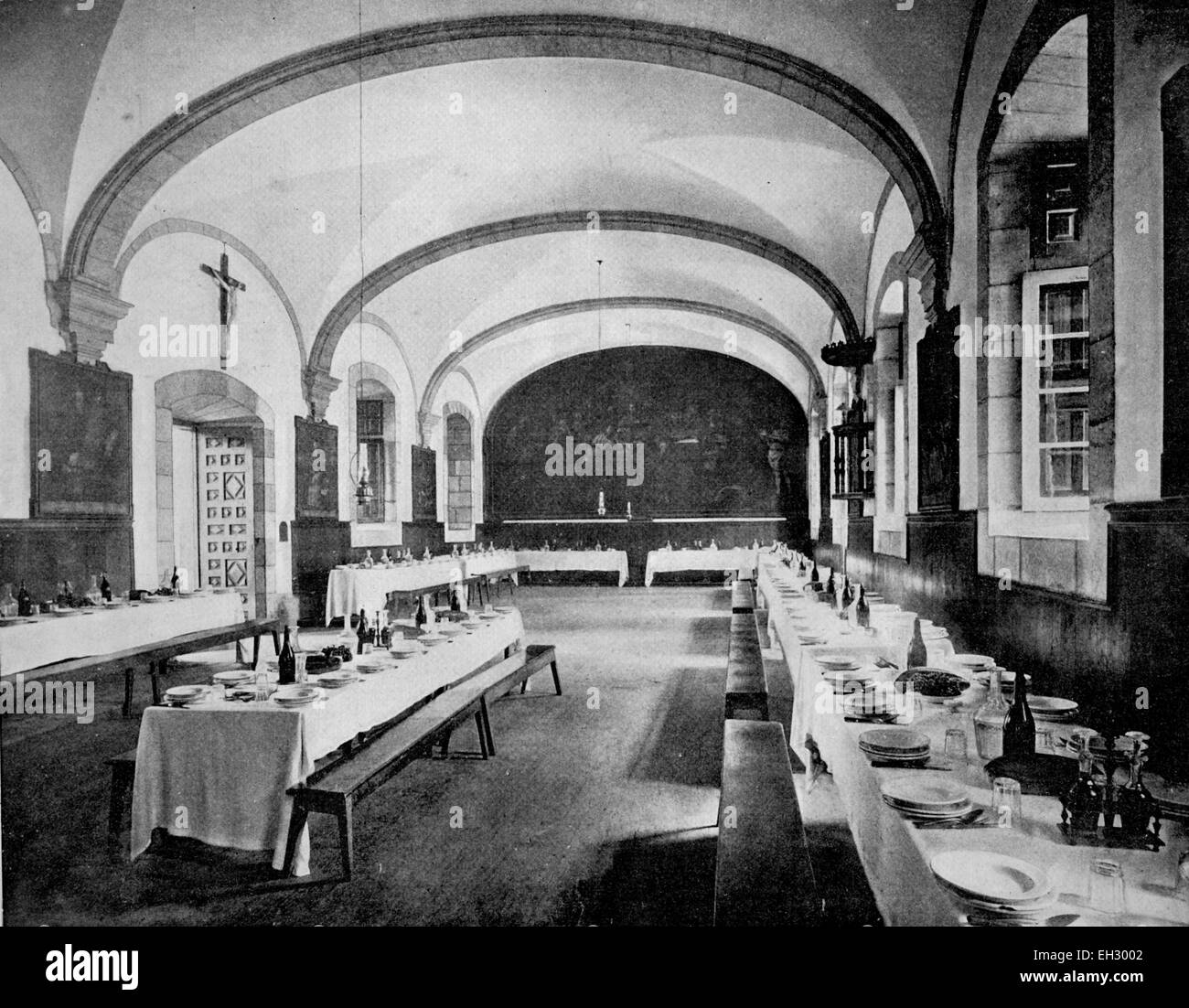 One of the first autotype photographs of the refectory of the Monastery of Loyola, Spain, circa 1880 Stock Photo