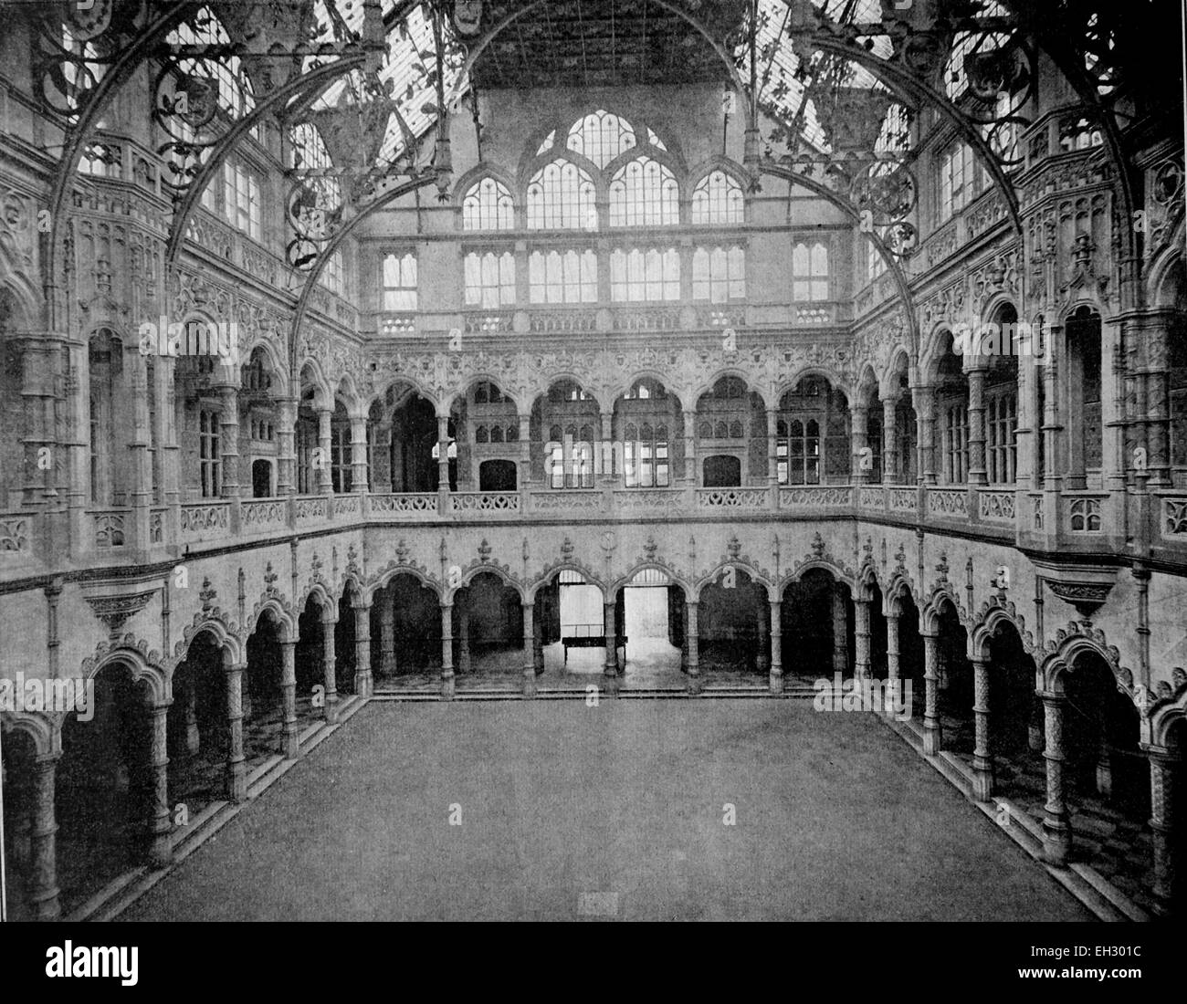 One of the first autotype photographs of the interior of the stock exchange, Bourse d'Anvers, Antwerp, Belgium, circa 1880 Stock Photo