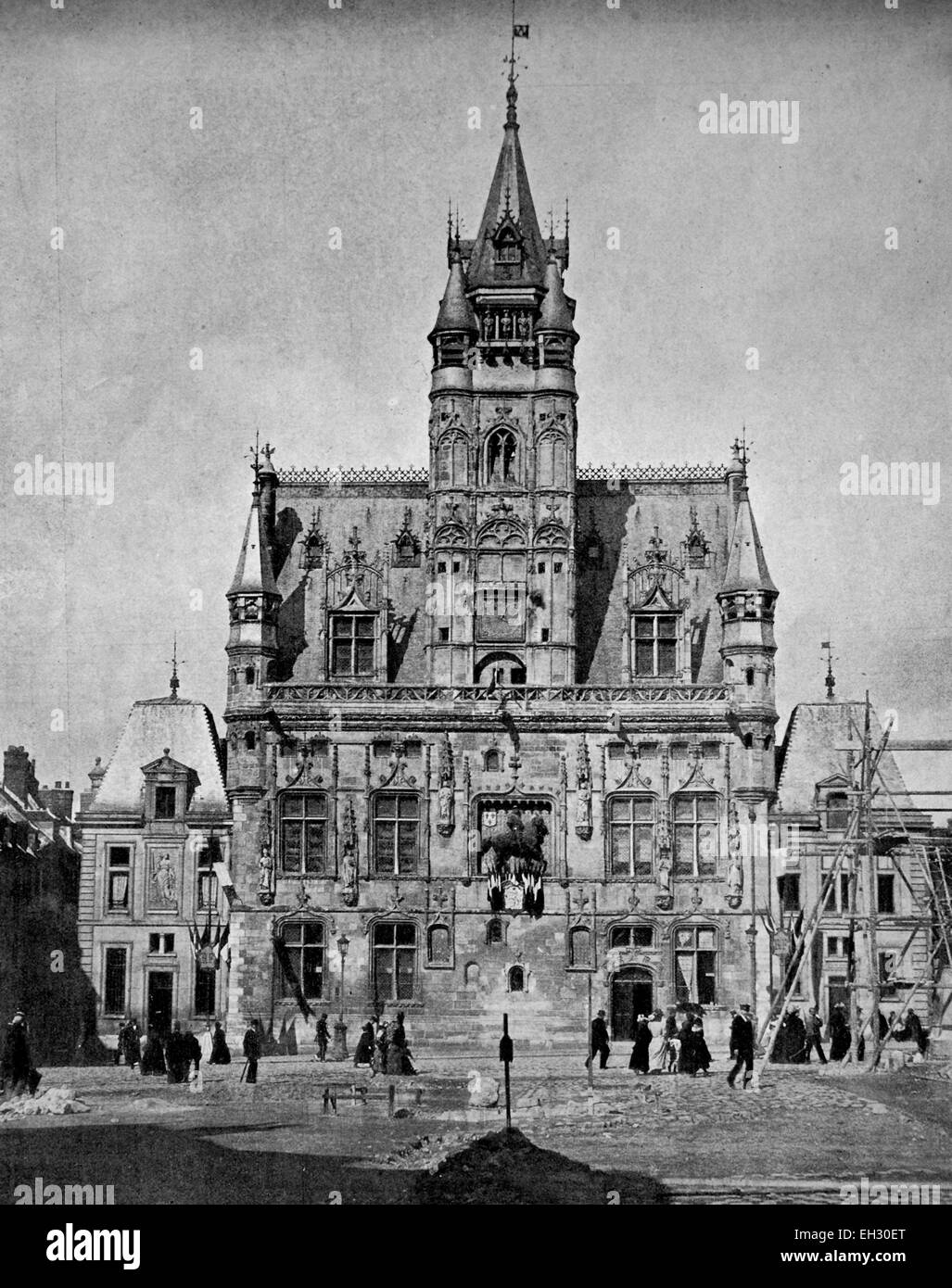 Early autotype of the town hall of Compiegne, France, 1880 Stock Photo