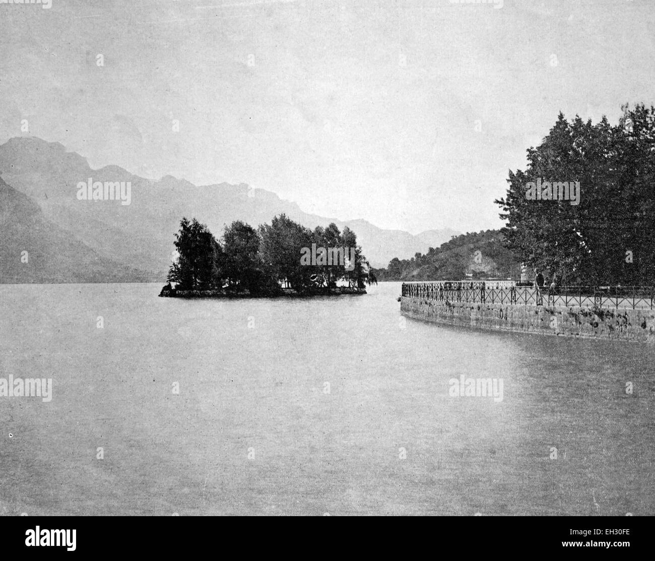 One of the first autotype photographs of La Ile de Cygnes a  Annecy, France Stock Photo