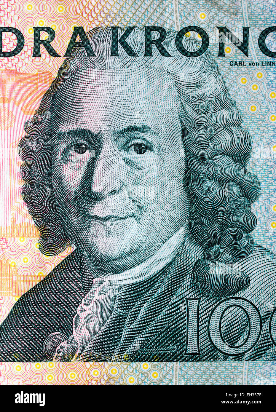 Botanist Carl Linnaeus from 100 kronor banknote, Sweden, 2005 Stock Photo