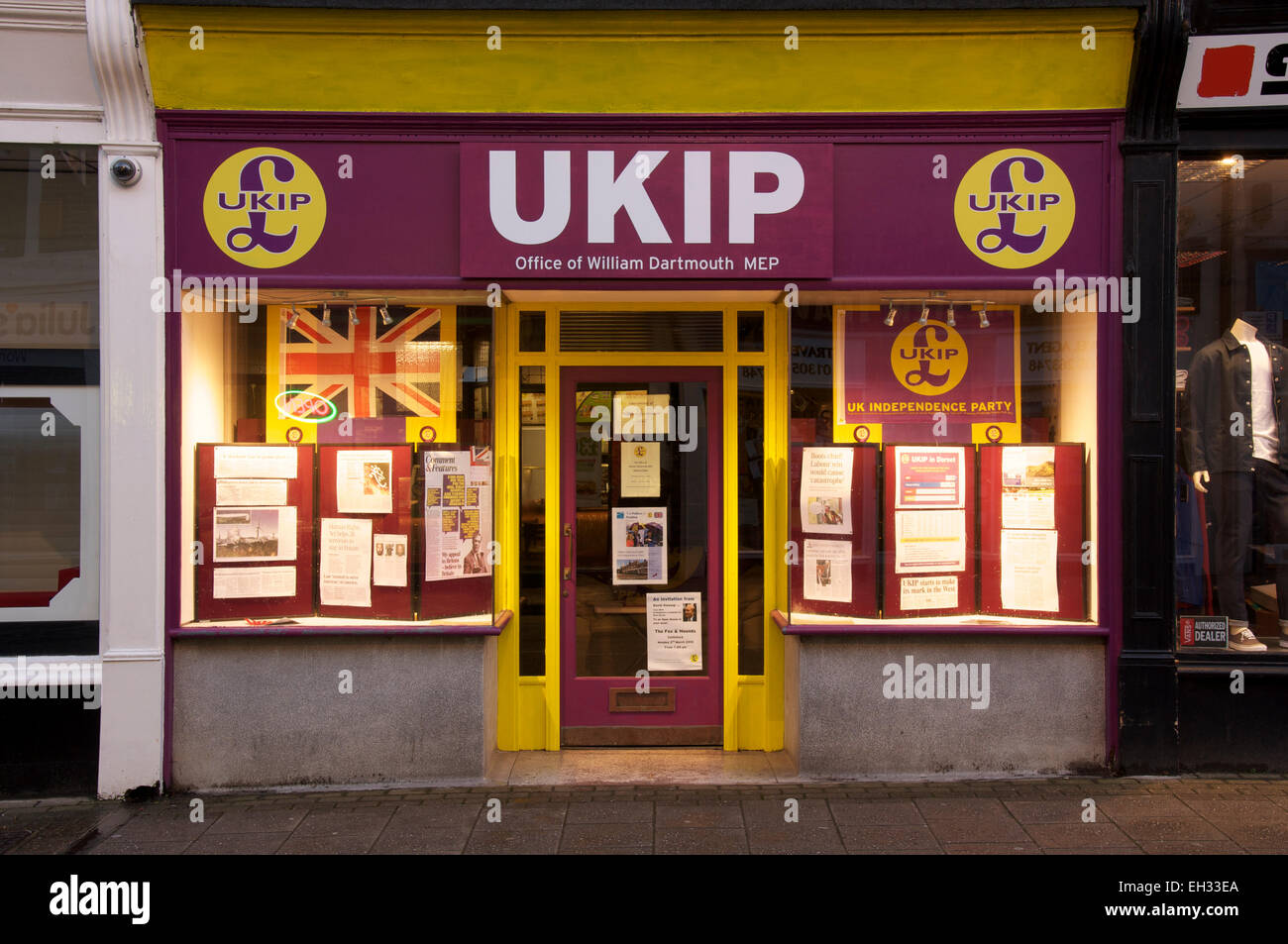 Politics. The local UKIP branch office in Dorchester. The United Kingdom Independence Party is a rapidly emerging nationalist political party. England Stock Photo