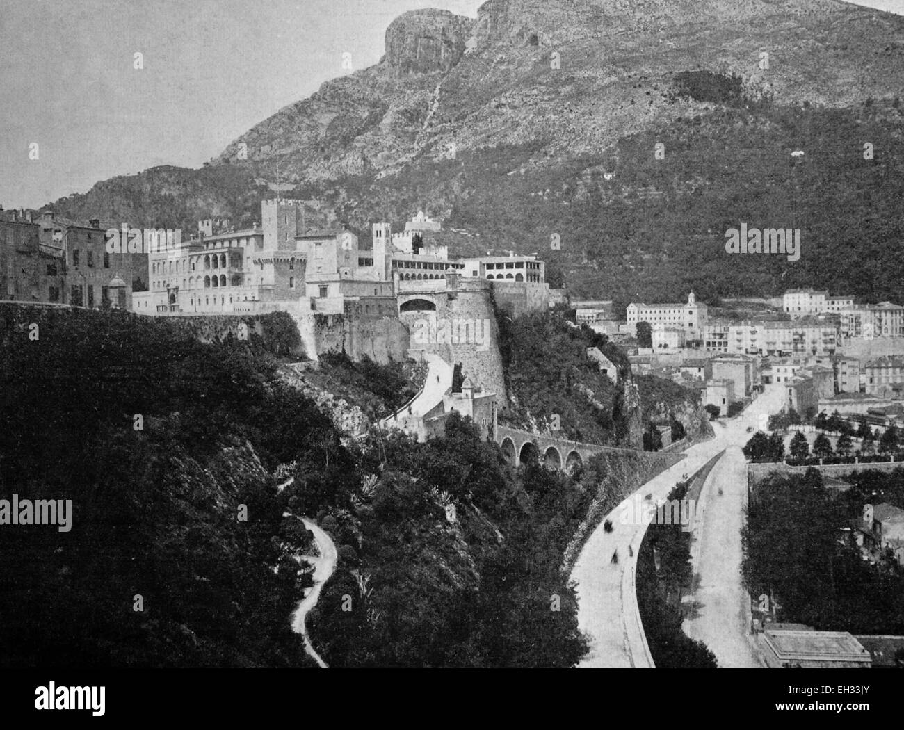 Early autotype of the Palace of Monaco, historical photographs, 1884 Stock Photo