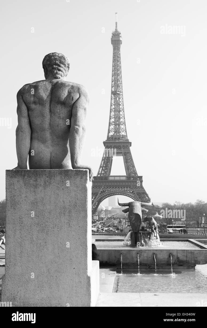 Eiffel tower, view from Trocadero, Paris. Black and white image Stock Photo