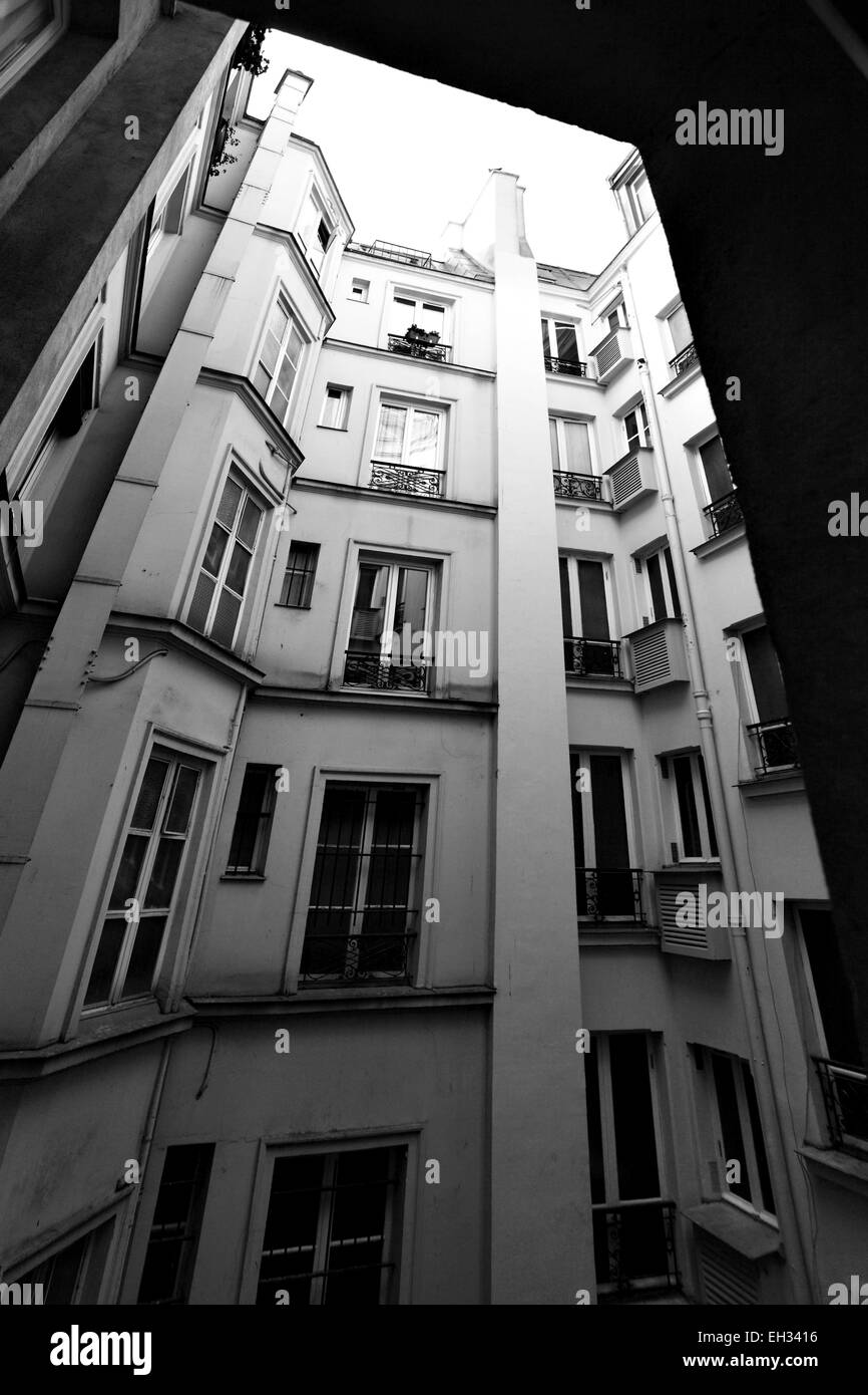 Perspective of courtyard in Paris. Black and white image Stock Photo
