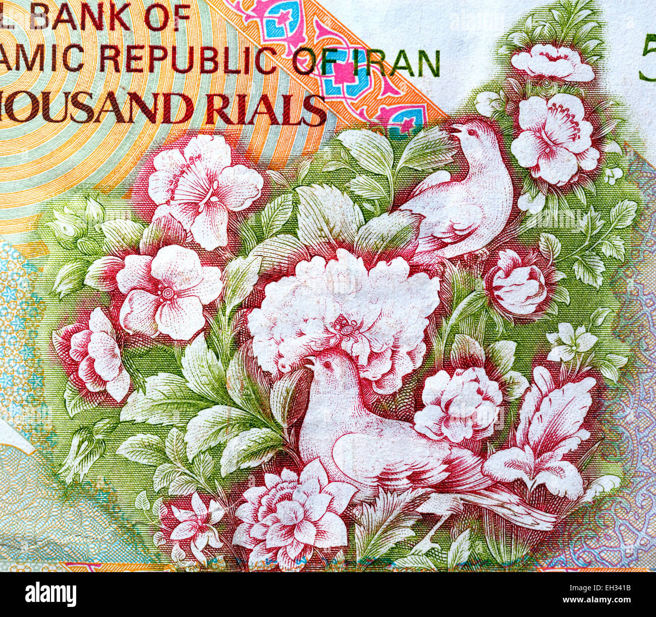 Ornate floral design from 5000 rials banknote, Iran, 1993 Stock Photo