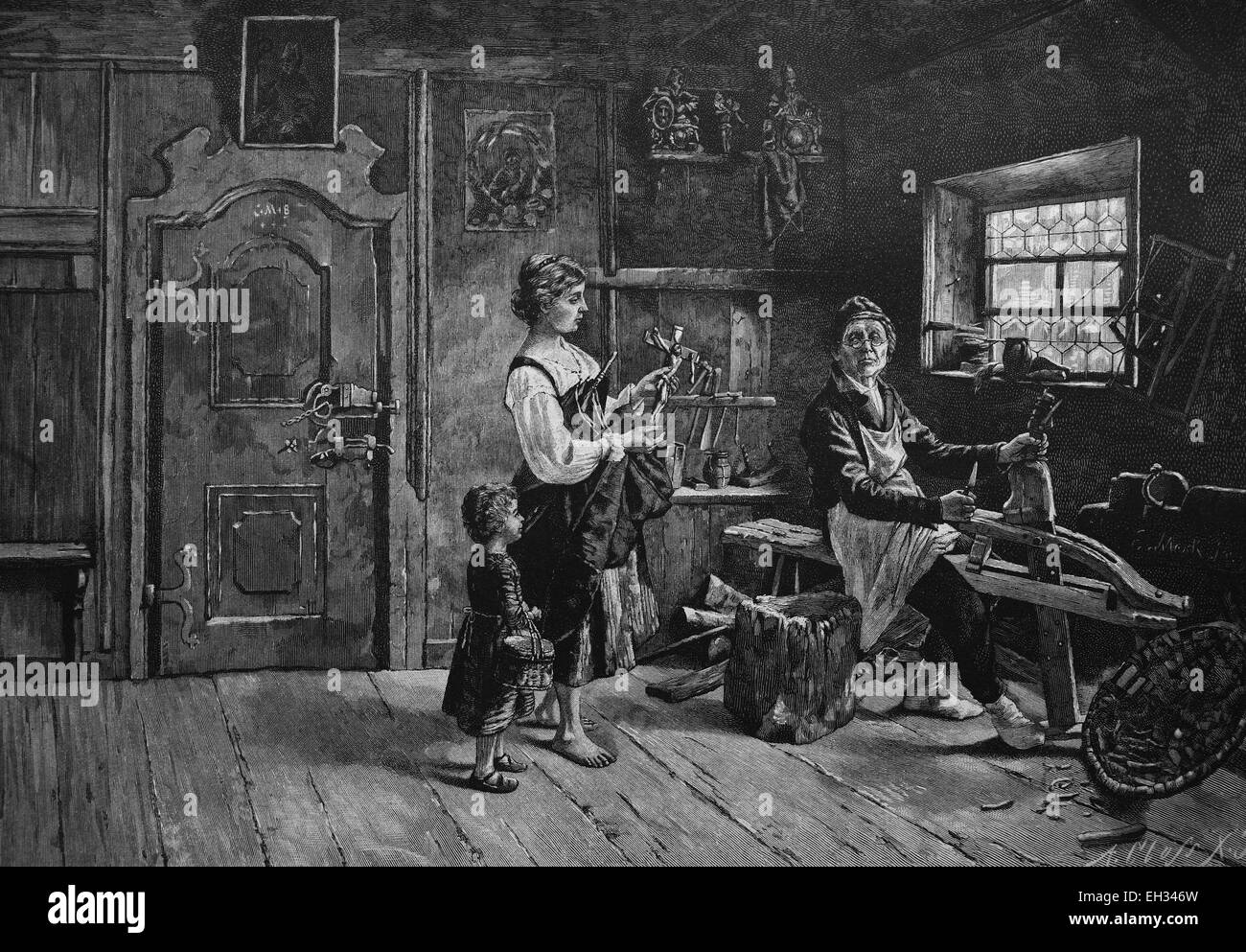 Historical engraving, wood carver, 1888 Stock Photo